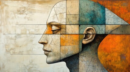 Floating cubist figure in angular planes, face split into overlapping shapes, limbs suspended in space surrounded by surreal forms.