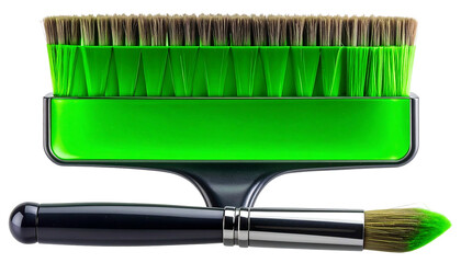 Two paintbrushes one large and green the other smaller with a black handle on a white background.