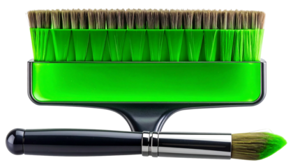 Two paintbrushes one large and green the other smaller with a black handle on a white background.