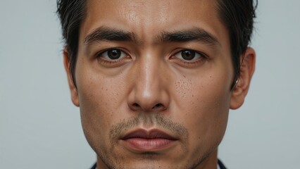Obraz premium Portrait of an Asian man with a puffy swollen eye and noticeable brow crack expressing a serious demeanor against a neutral background.