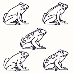 Five simple line art cartoon frogs in various poses on a white background
