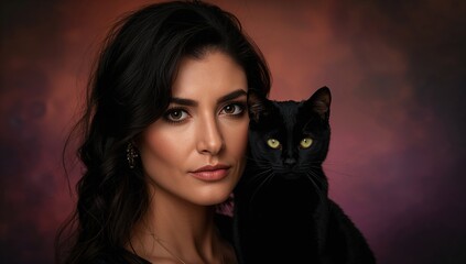 woman with dark hair posing with a black cat against a colorful background capturing a close-up portrait emphasizing facial features and the cat's green eyes