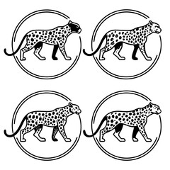 Four stylized black and white cheetah icons with spotted coats inside double circles