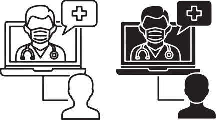 Doctor consultation Vector art of black and white illustration of a telemedicine consultation with a doctor on a laptop screen, showcasing virtual healthcare and remote medical assistance on