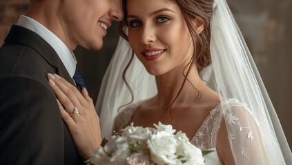 bride and groom close-up portrait wearing wedding attire with bouquet and rings showing romantic connection and elegance in a soft-lit setting