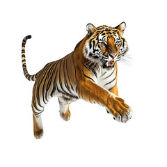 Fototapeta premium Magnificent Bengal tiger leaping forward with power and agility on white