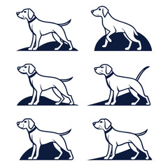 Set of six stylized dog logos in profile view standing on dark blue abstract shapes