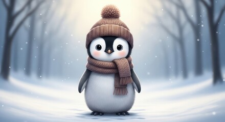 Fototapeta premium Adorable penguin wearing a hat and scarf in a snowy winter wonderland
