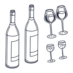 Stylized line art illustration of two wine bottles and four wine glasses on a white background