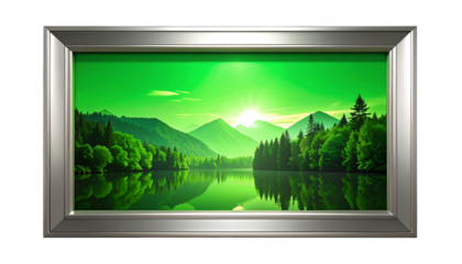 Vibrant Green Mountain Lake Reflection Painting in Silver Frame.