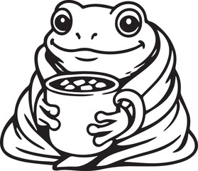 cozy winter frog with hot cocoa