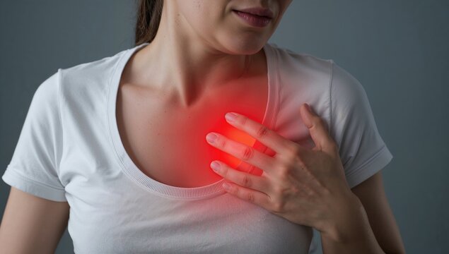 Young woman experiencing severe chest pain, indicating symptoms of heart attack or unstable angina. Healthcare and cardiology concept with emphasis on medical distress and awareness.