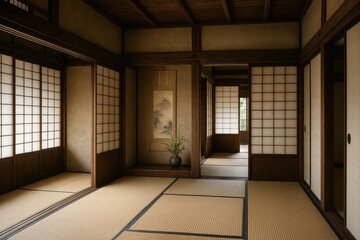 Shoin-Zukuri Interior Design of a Samurai House in Edo Period Japan Featuring Tatami Mats, Shoji Screens, and a Calm Atmosphere Reflecting Refined Aesthetics and Traditional Architecture