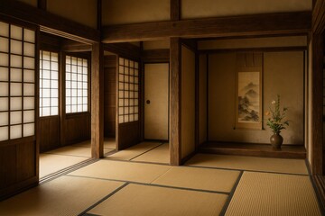 Shoin-Zukuri Interior Design of a Samurai House in Edo Period Japan Featuring Tatami Mats, Shoji Screens, and a Calm Atmosphere Reflecting Refined Aesthetics and Traditional Architecture