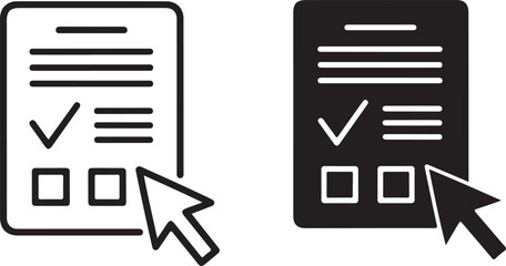 Illustration of a survey icon, depicting a clipboard with a check mark and boxes, accompanied by a cursor, the image represents feedback, form, and data collection on