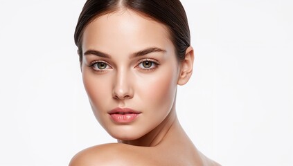 Close-up Portrait of Young Woman with Natural Look and Smooth Skin on Plain White Background, Displaying Healthy Complexion and Expressive Eyes