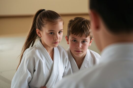 Children practicing judo with a focus on technique while listening attentively to their instructor in a training environment wearing traditional martial arts uniforms.
