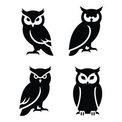 Fototapeta premium Four silhouette owls collection various poses iconic birds night wildlife design elements silhouette