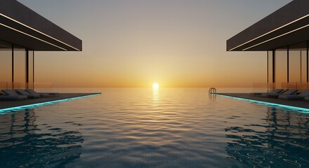 "Golden Horizon Serenity: Symmetrical Infinity Pool View with Ocean Sunset and Minimalist Architecture"