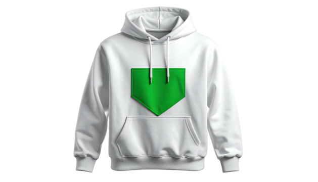 White Hoodie with Green Geometric Design.