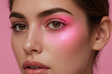 Close-up portrait of female model with flawless skin featuring vibrant pink neon makeup on eye against soft pink background, emphasizing modern skincare aesthetics and cosmetic appeal