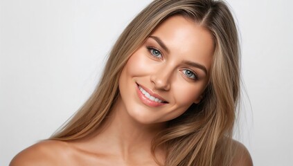 Naklejka premium Smiling young woman with long blonde hair and blue eyes posing confidently on white background with natural makeup and a cheerful expression