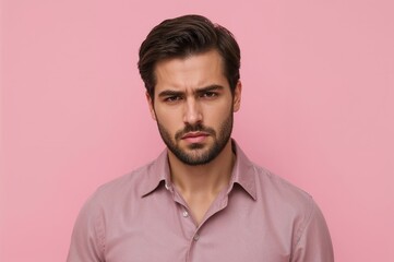 Obraz premium Man with beard in casual shirt showing a displeased expression while holding his breath against a pink background, illustrating a reaction to an unpleasant odor