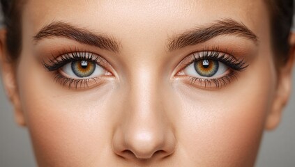 Naklejka premium Close up of young woman's face highlighting eyes, eyelashes and eyebrows with natural makeup, showcasing clear skin and symmetrical features.