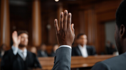 Diverse jury panel raising hands to vote on verdict in courtroom, representing democracy in legal trials, collective ethical responsibility, fair judgment, structured deliberation, professional