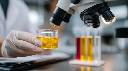 Gloved hands holding a microscope lens over laboratory samples, representing technical audits, scientific accuracy inspections, laboratory quality assurance, and the importance of precision in