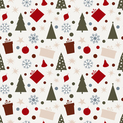 Seamless Christmas pattern with festive Christmas elements, Christmas tree, snowflakes, vector toys. Graphic element,
multi-colored pattern template for fabric, wrapping paper, cover, wallpaper, flat 