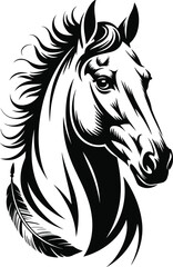 Stylized horse illustration, black and white art, flowing mane, feather detail, tattoo design, logo concept, expressive animal drawing, abstract equine portrait