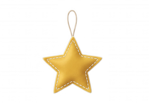 Yellow stitched star ornament isolated on a transparent background