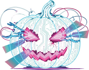 Eerie Halloween pumpkin glowing with tech circuits and neon light