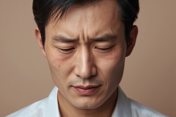 Fototapeta premium Close-up portrait of a pensive Asian man with eye irritation displaying symptoms of discomfort, focusing on facial expressions and skin details against a neutral background