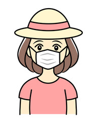 a young woman wearing a straw hat and a mask
