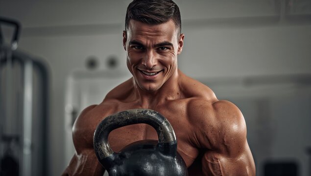 Muscular athlete smiling while holding a heavy kettlebell in a gym setting with fitness equipment in the background demonstrating strength and confidence. - Powered by Adobe