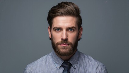 Obraz premium Well groomed young man with stylish haircut and beard wearing formal shirt and tie against grey background focused on facial features and barbering concept