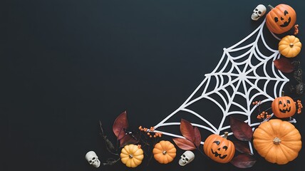 A halloween themed arrangement featuring pumpkins, a spiderweb, and skulls on a dark background, creating a spooky and festive atmosphere for the autumn holiday season