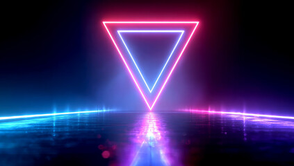 Glowing Neon Triangle Over Reflective Surface With Blue And Pink Lights abstract