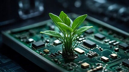 Small plant growing on a computer chip, representing harmony between technology and nature.