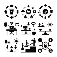 Assorted Pictograms Depicting Recycling, Working From Home, Balance, Professional Growth, and Data Security in a Collection of Black and White Icons