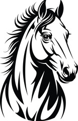 Stylized horse illustration, black and white sketch, abstract mane, expressive animal art, equine tattoo design, bold line drawing, decorative graphic