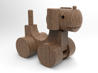 Rustic wooden dog toy featuring geometric blocks and smooth cylindrical wheels - 3D rendering