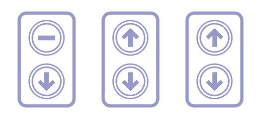 Vector art of a trio of elevator control panels, each featuring distinct directional buttons, the left panel has a minus sign and a down arrow, while the other two have up and down arrows