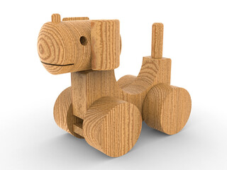Rustic wooden dog toy featuring geometric blocks and smooth cylindrical wheels - 3D rendering