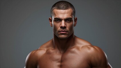 Fototapeta premium Muscular male model with defined upper body standing against a neutral gray background showcasing physique and strong facial expression