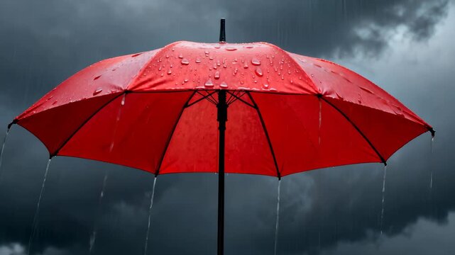 Bright crimson umbrella standing firm amidst intense rainfall, water droplets cascading across its surface. Moody atmospheric background with heavy precipitation and turbulent cloudy skyscape.