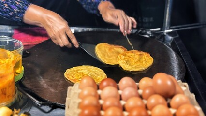 Street Vendor Making Roti – Thai Pancake Preparation, Local Food Market Scene