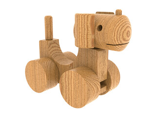 Rustic wooden dog toy featuring geometric blocks and smooth cylindrical wheels isolated on white background - 3D rendering